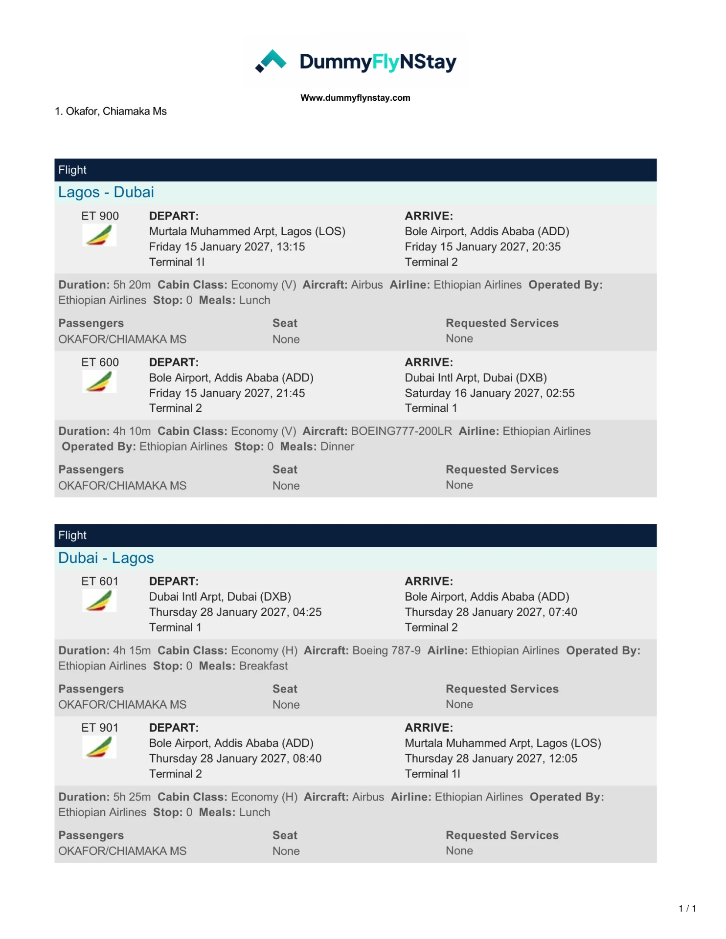 Sample flight reservation Lagos to Dubai