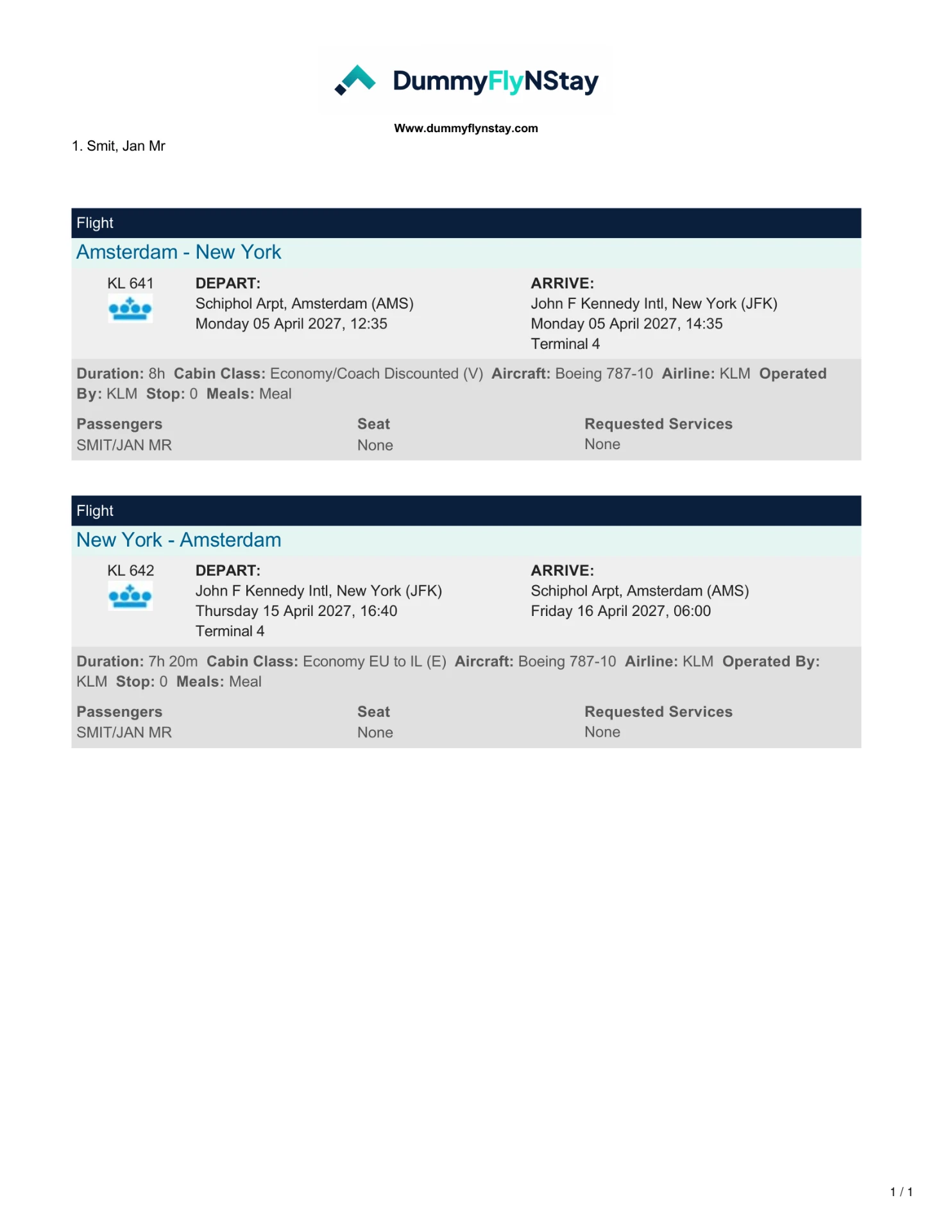 Sample flight reservation Amsterdam to New York